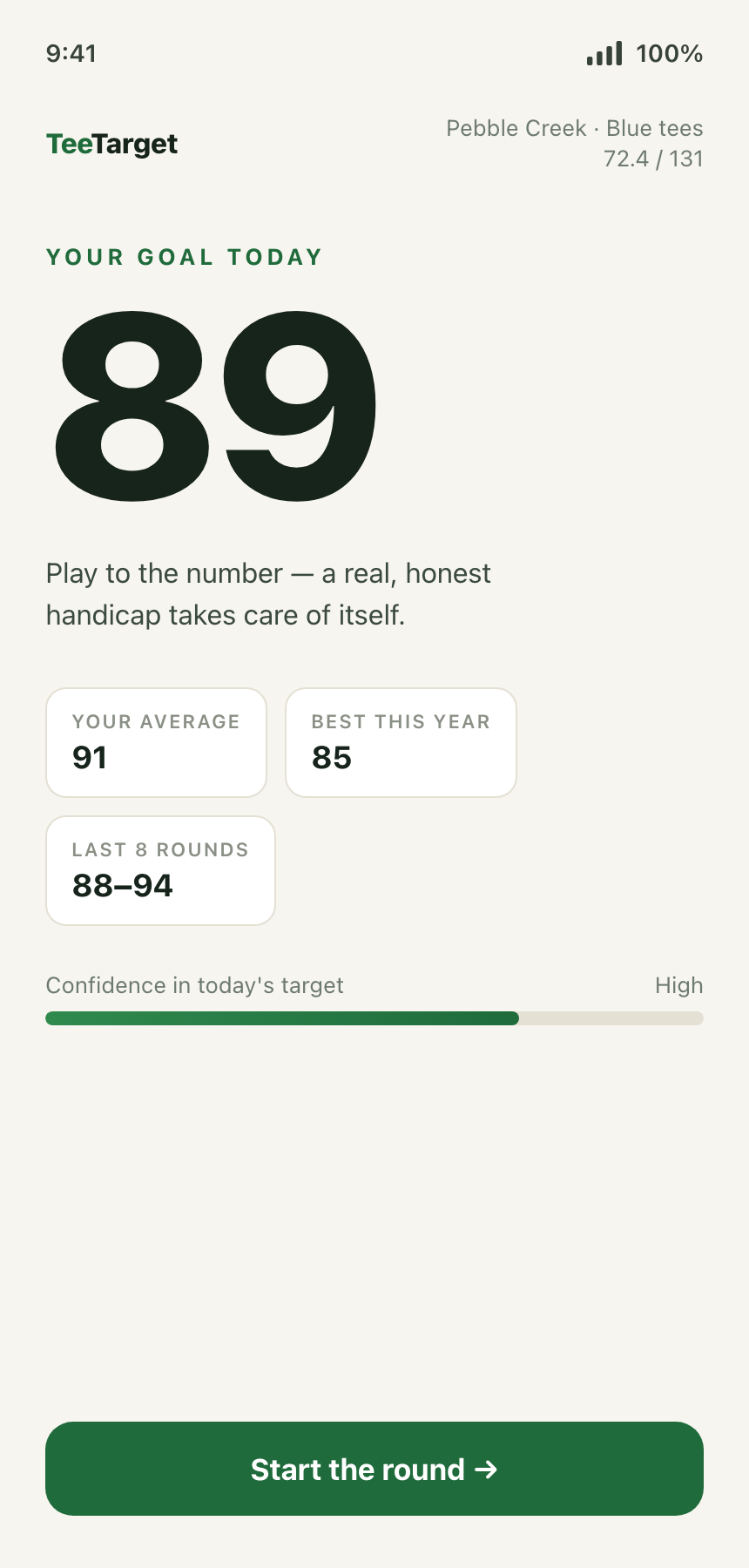 TeeTarget — your goal for today's round: 89