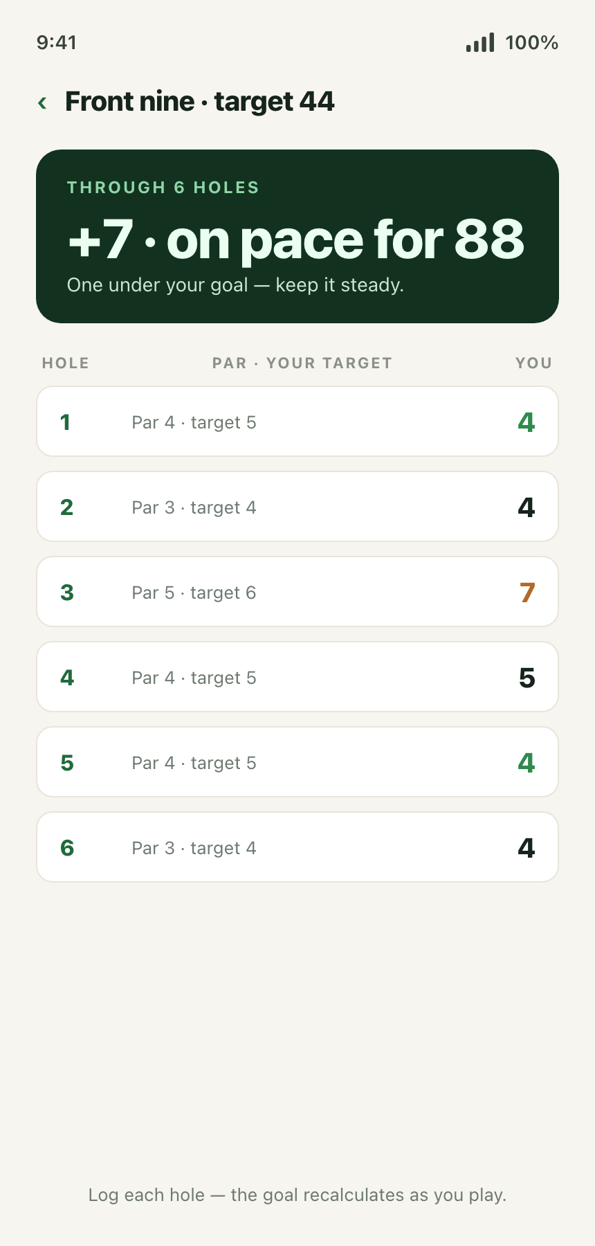 TeeTarget — hole-by-hole targets and pace toward the goal
