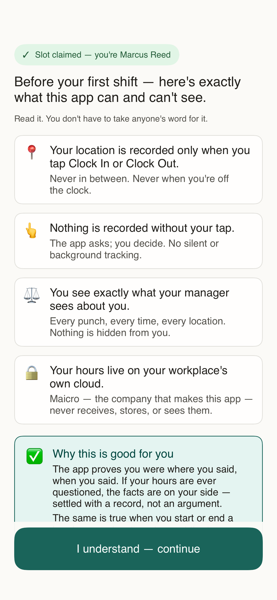 Maicro Time Clock — the employee trust screen: exactly what the app can and can't see