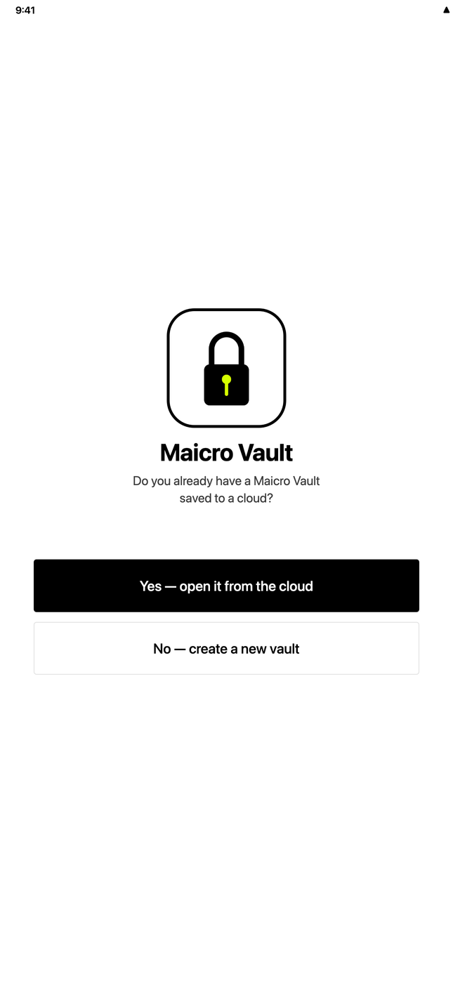 Maicro Vault — welcome screen